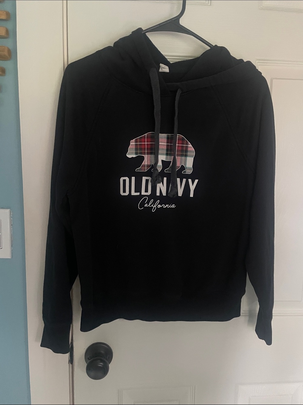 Old Navy Black Hoodie with Plaid Bear Graphic